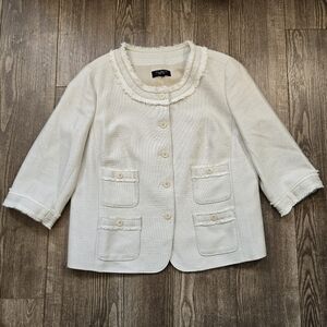 Talbots Blazer Womens 14 Plus Ivory Tweed Fringe Jacket Collarless Quiet Luxury